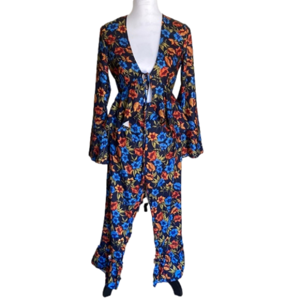 Nasty Gal Black Floral Jumpsuit with Blue & Orange Flowers